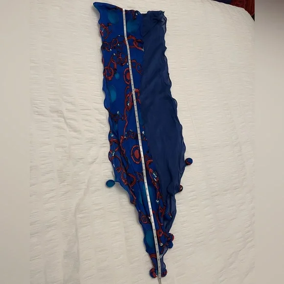 SCARF Blue Sheer Bias Cut Two Tone Blue Circles Pom Poms Ruffle Artsy Casual - Picture 12 of 12